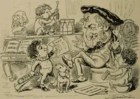 An illustration from Richard Wagner en caricatures : 130 reproductions de caricatures françaises, allemandes, anglaises, italiennes, portraits : autographes (lettre et musique) dessins originaux de J. Blass, Moloch et Tiret-Bognet (1892)