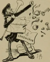An illustration from Richard Wagner en caricatures : 130 reproductions de caricatures françaises, allemandes, anglaises, italiennes, portraits : autographes (lettre et musique) dessins originaux de J. Blass, Moloch et Tiret-Bognet (1892)