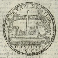 An illustration from Ritratto di Roma antica : nel quale sono figurati i principali tempij, teatri, anfiteatri, cerchi, naumachie, archi trionfali, curie, basiliche, colonne, ordine del trionfo, dignità militari, e ciuili, riti, cerimonie, medaglie, & altre cose notabili : con le vite, & effigie de primi rè di essa, e dichiarationi di Bartolomeo Marliani milanese e d'altri autori (1633)