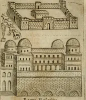An illustration from Ritratto di Roma antica : nel qvale sono figvrati i principali tempij, theatri, anfiteatri, cerchi, naumachie, archi trionfali, curie, basiliche, colonne, ordine del trionfo, dignita militari, e ciuili, riti cerimonie, & altre cose notabili : aggiuntoui di nuouo le vite, & effigie de' primi rè di essa, e le grandezze dell'Imperio Romano, con l'esplicationi istoriche de' piu celebri antiquarij (1654)