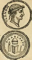 An illustration from Ritratto di Roma antica : nel qvale sono figvrati i principali tempij, theatri, anfiteatri, cerchi, naumachie, archi trionfali, curie, basiliche, colonne, ordine del trionfo, dignita militari, e ciuili, riti cerimonie, & altre cose notabili : aggiuntoui di nuouo le vite, & effigie de' primi rè di essa, e le grandezze dell'Imperio Romano, con l'esplicationi istoriche de' piu celebri antiquarij (1654)