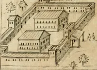 An illustration from Ritratto di Roma antica : nel qvale sono figvrati i principali tempij, theatri, anfiteatri, cerchi, naumachie, archi trionfali, curie, basiliche, colonne, ordine del trionfo, dignita militari, e ciuili, riti cerimonie, & altre cose notabili : aggiuntoui di nuouo le vite, & effigie de' primi rè di essa, e le grandezze dell'Imperio Romano, con l'esplicationi istoriche de' piu celebri antiquarij (1654)