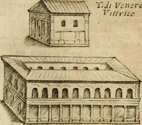 An illustration from Ritratto di Roma antica : nel qvale sono figvrati i principali tempij, theatri, anfiteatri, cerchi, naumachie, archi trionfali, curie, basiliche, colonne, ordine del trionfo, dignita militari, e ciuili, riti cerimonie, & altre cose notabili : aggiuntoui di nuouo le vite, & effigie de' primi rè di essa, e le grandezze dell'Imperio Romano, con l'esplicationi istoriche de' piu celebri antiquarij (1654)