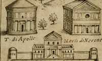 An illustration from Ritratto di Roma antica : nel qvale sono figvrati i principali tempij, theatri, anfiteatri, cerchi, naumachie, archi trionfali, curie, basiliche, colonne, ordine del trionfo, dignita militari, e ciuili, riti cerimonie, & altre cose notabili : aggiuntoui di nuouo le vite, & effigie de' primi rè di essa, e le grandezze dell'Imperio Romano, con l'esplicationi istoriche de' piu celebri antiquarij (1654)