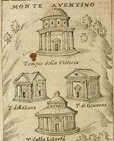 An illustration from Ritratto di Roma antica : nel qvale sono figvrati i principali tempij, theatri, anfiteatri, cerchi, naumachie, archi trionfali, curie, basiliche, colonne, ordine del trionfo, dignita militari, e ciuili, riti cerimonie, & altre cose notabili : aggiuntoui di nuouo le vite, & effigie de' primi rè di essa, e le grandezze dell'Imperio Romano, con l'esplicationi istoriche de' piu celebri antiquarij (1654)