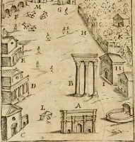 An illustration from Ritratto di Roma antica : nel qvale sono figvrati i principali tempij, theatri, anfiteatri, cerchi, naumachie, archi trionfali, curie, basiliche, colonne, ordine del trionfo, dignita militari, e ciuili, riti cerimonie, & altre cose notabili : aggiuntoui di nuouo le vite, & effigie de' primi rè di essa, e le grandezze dell'Imperio Romano, con l'esplicationi istoriche de' piu celebri antiquarij (1654)