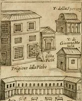 An illustration from Ritratto di Roma antica : nel qvale sono figvrati i principali tempij, theatri, anfiteatri, cerchi, naumachie, archi trionfali, curie, basiliche, colonne, ordine del trionfo, dignita militari, e ciuili, riti cerimonie, & altre cose notabili : aggiuntoui di nuouo le vite, & effigie de' primi rè di essa, e le grandezze dell'Imperio Romano, con l'esplicationi istoriche de' piu celebri antiquarij (1654)