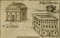 An illustration from Ritratto di Roma antica : nel qvale sono figvrati i principali tempij, theatri, anfiteatri, cerchi, naumachie, archi trionfali, curie, basiliche, colonne, ordine del trionfo, dignita militari, e ciuili, riti cerimonie, & altre cose notabili : aggiuntoui di nuouo le vite, & effigie de' primi rè di essa, e le grandezze dell'Imperio Romano, con l'esplicationi istoriche de' piu celebri antiquarij (1654)