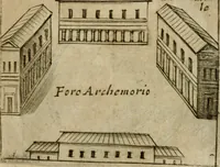 An illustration from Ritratto di Roma antica : nel qvale sono figvrati i principali tempij, theatri, anfiteatri, cerchi, naumachie, archi trionfali, curie, basiliche, colonne, ordine del trionfo, dignita militari, e ciuili, riti cerimonie, & altre cose notabili : aggiuntoui di nuouo le vite, & effigie de' primi rè di essa, e le grandezze dell'Imperio Romano, con l'esplicationi istoriche de' piu celebri antiquarij (1654)