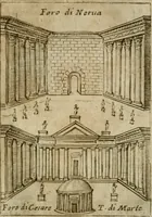 Picture 102 of 250 from Ritratto di Roma antica : nel qvale sono figvrati i principali tempij, theatri, anfiteatri, cerchi, naumachie, archi trionfali, curie, basiliche, colonne, ordine del trionfo, dignita militari, e ciuili, riti cerimonie, & altre cose notabili : aggiuntoui di nuouo le vite, & effigie de' primi rè di essa, e le grandezze dell'Imperio Romano, con l'esplicationi istoriche de' piu celebri antiquarij (1654), leaf 156