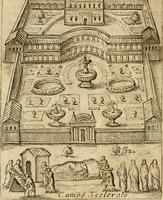 An illustration from Ritratto di Roma antica : nel qvale sono figvrati i principali tempij, theatri, anfiteatri, cerchi, naumachie, archi trionfali, curie, basiliche, colonne, ordine del trionfo, dignita militari, e ciuili, riti cerimonie, & altre cose notabili : aggiuntoui di nuouo le vite, & effigie de' primi rè di essa, e le grandezze dell'Imperio Romano, con l'esplicationi istoriche de' piu celebri antiquarij (1654)