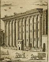 An illustration from Ritratto di Roma antica : nel qvale sono figvrati i principali tempij, theatri, anfiteatri, cerchi, naumachie, archi trionfali, curie, basiliche, colonne, ordine del trionfo, dignita militari, e ciuili, riti cerimonie, & altre cose notabili : aggiuntoui di nuouo le vite, & effigie de' primi rè di essa, e le grandezze dell'Imperio Romano, con l'esplicationi istoriche de' piu celebri antiquarij (1654)