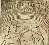 An illustration from Ritratto di Roma antica : nel qvale sono figvrati i principali tempij, theatri, anfiteatri, cerchi, naumachie, archi trionfali, curie, basiliche, colonne, ordine del trionfo, dignita militari, e ciuili, riti cerimonie, & altre cose notabili : aggiuntoui di nuouo le vite, & effigie de' primi rè di essa, e le grandezze dell'Imperio Romano, con l'esplicationi istoriche de' piu celebri antiquarij (1654)