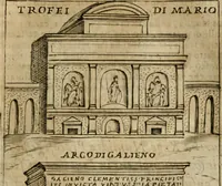 An illustration from Ritratto di Roma antica : nel qvale sono figvrati i principali tempij, theatri, anfiteatri, cerchi, naumachie, archi trionfali, curie, basiliche, colonne, ordine del trionfo, dignita militari, e ciuili, riti cerimonie, & altre cose notabili : aggiuntoui di nuouo le vite, & effigie de' primi rè di essa, e le grandezze dell'Imperio Romano, con l'esplicationi istoriche de' piu celebri antiquarij (1654)