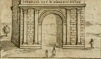 An illustration from Ritratto di Roma antica : nel qvale sono figvrati i principali tempij, theatri, anfiteatri, cerchi, naumachie, archi trionfali, curie, basiliche, colonne, ordine del trionfo, dignita militari, e ciuili, riti cerimonie, & altre cose notabili : aggiuntoui di nuouo le vite, & effigie de' primi rè di essa, e le grandezze dell'Imperio Romano, con l'esplicationi istoriche de' piu celebri antiquarij (1654)