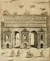 An illustration from Ritratto di Roma antica : nel qvale sono figvrati i principali tempij, theatri, anfiteatri, cerchi, naumachie, archi trionfali, curie, basiliche, colonne, ordine del trionfo, dignita militari, e ciuili, riti cerimonie, & altre cose notabili : aggiuntoui di nuouo le vite, & effigie de' primi rè di essa, e le grandezze dell'Imperio Romano, con l'esplicationi istoriche de' piu celebri antiquarij (1654)