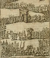 An illustration from Ritratto di Roma antica : nel qvale sono figvrati i principali tempij, theatri, anfiteatri, cerchi, naumachie, archi trionfali, curie, basiliche, colonne, ordine del trionfo, dignita militari, e ciuili, riti cerimonie, & altre cose notabili : aggiuntoui di nuouo le vite, & effigie de' primi rè di essa, e le grandezze dell'Imperio Romano, con l'esplicationi istoriche de' piu celebri antiquarij (1654)