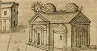 An illustration from Ritratto di Roma antica : nel qvale sono figvrati i principali tempij, theatri, anfiteatri, cerchi, naumachie, archi trionfali, curie, basiliche, colonne, ordine del trionfo, dignita militari, e ciuili, riti cerimonie, & altre cose notabili : aggiuntoui di nuouo le vite, & effigie de' primi rè di essa, e le grandezze dell'Imperio Romano, con l'esplicationi istoriche de' piu celebri antiquarij (1654)