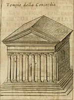 An illustration from Ritratto di Roma antica : nel qvale sono figvrati i principali tempij, theatri, anfiteatri, cerchi, naumachie, archi trionfali, curie, basiliche, colonne, ordine del trionfo, dignita militari, e ciuili, riti cerimonie, & altre cose notabili : aggiuntoui di nuouo le vite, & effigie de' primi rè di essa, e le grandezze dell'Imperio Romano, con l'esplicationi istoriche de' piu celebri antiquarij (1654)