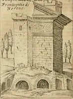 An illustration from Ritratto di Roma antica : nel qvale sono figvrati i principali tempij, theatri, anfiteatri, cerchi, naumachie, archi trionfali, curie, basiliche, colonne, ordine del trionfo, dignita militari, e ciuili, riti cerimonie, & altre cose notabili : aggiuntoui di nuouo le vite, & effigie de' primi rè di essa, e le grandezze dell'Imperio Romano, con l'esplicationi istoriche de' piu celebri antiquarij (1654)