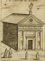 An illustration from Ritratto di Roma antica : nel qvale sono figvrati i principali tempij, theatri, anfiteatri, cerchi, naumachie, archi trionfali, curie, basiliche, colonne, ordine del trionfo, dignita militari, e ciuili, riti cerimonie, & altre cose notabili : aggiuntoui di nuouo le vite, & effigie de' primi rè di essa, e le grandezze dell'Imperio Romano, con l'esplicationi istoriche de' piu celebri antiquarij (1654)
