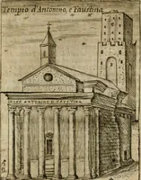 An illustration from Ritratto di Roma antica : nel qvale sono figvrati i principali tempij, theatri, anfiteatri, cerchi, naumachie, archi trionfali, curie, basiliche, colonne, ordine del trionfo, dignita militari, e ciuili, riti cerimonie, & altre cose notabili : aggiuntoui di nuouo le vite, & effigie de' primi rè di essa, e le grandezze dell'Imperio Romano, con l'esplicationi istoriche de' piu celebri antiquarij (1654)