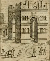 An illustration from Ritratto di Roma antica : nel qvale sono figvrati i principali tempij, theatri, anfiteatri, cerchi, naumachie, archi trionfali, curie, basiliche, colonne, ordine del trionfo, dignita militari, e ciuili, riti cerimonie, & altre cose notabili : aggiuntoui di nuouo le vite, & effigie de' primi rè di essa, e le grandezze dell'Imperio Romano, con l'esplicationi istoriche de' piu celebri antiquarij (1654)