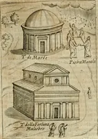 An illustration from Ritratto di Roma antica : nel qvale sono figvrati i principali tempij, theatri, anfiteatri, cerchi, naumachie, archi trionfali, curie, basiliche, colonne, ordine del trionfo, dignita militari, e ciuili, riti cerimonie, & altre cose notabili : aggiuntoui di nuouo le vite, & effigie de' primi rè di essa, e le grandezze dell'Imperio Romano, con l'esplicationi istoriche de' piu celebri antiquarij (1654)