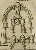 An illustration from Ritratto di Roma antica : nel qvale sono figvrati i principali tempij, theatri, anfiteatri, cerchi, naumachie, archi trionfali, curie, basiliche, colonne, ordine del trionfo, dignita militari, e ciuili, riti cerimonie, & altre cose notabili : aggiuntoui di nuouo le vite, & effigie de' primi rè di essa, e le grandezze dell'Imperio Romano, con l'esplicationi istoriche de' piu celebri antiquarij (1654)