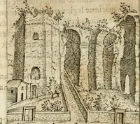 An illustration from Ritratto di Roma antica : nel qvale sono figvrati i principali tempij, theatri, anfiteatri, cerchi, naumachie, archi trionfali, curie, basiliche, colonne, ordine del trionfo, dignita militari, e ciuili, riti cerimonie, & altre cose notabili : aggiuntoui di nuouo le vite, & effigie de' primi rè di essa, e le grandezze dell'Imperio Romano, con l'esplicationi istoriche de' piu celebri antiquarij (1654)