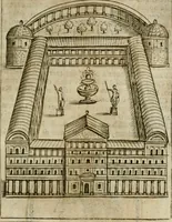 An illustration from Ritratto di Roma antica : nel qvale sono figvrati i principali tempij, theatri, anfiteatri, cerchi, naumachie, archi trionfali, curie, basiliche, colonne, ordine del trionfo, dignita militari, e ciuili, riti cerimonie, & altre cose notabili : aggiuntoui di nuouo le vite, & effigie de' primi rè di essa, e le grandezze dell'Imperio Romano, con l'esplicationi istoriche de' piu celebri antiquarij (1654)