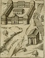An illustration from Ritratto di Roma antica : nel qvale sono figvrati i principali tempij, theatri, anfiteatri, cerchi, naumachie, archi trionfali, curie, basiliche, colonne, ordine del trionfo, dignita militari, e ciuili, riti cerimonie, & altre cose notabili : aggiuntoui di nuouo le vite, & effigie de' primi rè di essa, e le grandezze dell'Imperio Romano, con l'esplicationi istoriche de' piu celebri antiquarij (1654)