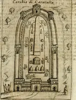 An illustration from Ritratto di Roma antica : nel qvale sono figvrati i principali tempij, theatri, anfiteatri, cerchi, naumachie, archi trionfali, curie, basiliche, colonne, ordine del trionfo, dignita militari, e ciuili, riti cerimonie, & altre cose notabili : aggiuntoui di nuouo le vite, & effigie de' primi rè di essa, e le grandezze dell'Imperio Romano, con l'esplicationi istoriche de' piu celebri antiquarij (1654)