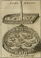 An illustration from Ritratto di Roma antica : nel qvale sono figvrati i principali tempij, theatri, anfiteatri, cerchi, naumachie, archi trionfali, curie, basiliche, colonne, ordine del trionfo, dignita militari, e ciuili, riti cerimonie, & altre cose notabili : aggiuntoui di nuouo le vite, & effigie de' primi rè di essa, e le grandezze dell'Imperio Romano, con l'esplicationi istoriche de' piu celebri antiquarij (1654)