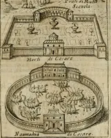 An illustration from Ritratto di Roma antica : nel qvale sono figvrati i principali tempij, theatri, anfiteatri, cerchi, naumachie, archi trionfali, curie, basiliche, colonne, ordine del trionfo, dignita militari, e ciuili, riti cerimonie, & altre cose notabili : aggiuntoui di nuouo le vite, & effigie de' primi rè di essa, e le grandezze dell'Imperio Romano, con l'esplicationi istoriche de' piu celebri antiquarij (1654)