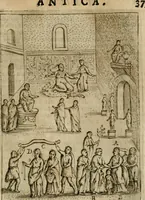 An illustration from Ritratto di Roma antica : nel qvale sono figvrati i principali tempij, theatri, anfiteatri, cerchi, naumachie, archi trionfali, curie, basiliche, colonne, ordine del trionfo, dignita militari, e ciuili, riti cerimonie, & altre cose notabili : aggiuntoui di nuouo le vite, & effigie de' primi rè di essa, e le grandezze dell'Imperio Romano, con l'esplicationi istoriche de' piu celebri antiquarij (1654)