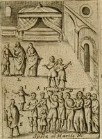 An illustration from Ritratto di Roma antica : nel qvale sono figvrati i principali tempij, theatri, anfiteatri, cerchi, naumachie, archi trionfali, curie, basiliche, colonne, ordine del trionfo, dignita militari, e ciuili, riti cerimonie, & altre cose notabili : aggiuntoui di nuouo le vite, & effigie de' primi rè di essa, e le grandezze dell'Imperio Romano, con l'esplicationi istoriche de' piu celebri antiquarij (1654)