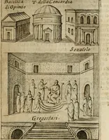 An illustration from Ritratto di Roma antica : nel qvale sono figvrati i principali tempij, theatri, anfiteatri, cerchi, naumachie, archi trionfali, curie, basiliche, colonne, ordine del trionfo, dignita militari, e ciuili, riti cerimonie, & altre cose notabili : aggiuntoui di nuouo le vite, & effigie de' primi rè di essa, e le grandezze dell'Imperio Romano, con l'esplicationi istoriche de' piu celebri antiquarij (1654)