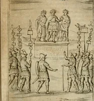 An illustration from Ritratto di Roma antica : nel qvale sono figvrati i principali tempij, theatri, anfiteatri, cerchi, naumachie, archi trionfali, curie, basiliche, colonne, ordine del trionfo, dignita militari, e ciuili, riti cerimonie, & altre cose notabili : aggiuntoui di nuouo le vite, & effigie de' primi rè di essa, e le grandezze dell'Imperio Romano, con l'esplicationi istoriche de' piu celebri antiquarij (1654)