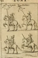 An illustration from Ritratto di Roma antica : nel qvale sono figvrati i principali tempij, theatri, anfiteatri, cerchi, naumachie, archi trionfali, curie, basiliche, colonne, ordine del trionfo, dignita militari, e ciuili, riti cerimonie, & altre cose notabili : aggiuntoui di nuouo le vite, & effigie de' primi rè di essa, e le grandezze dell'Imperio Romano, con l'esplicationi istoriche de' piu celebri antiquarij (1654)