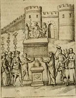 Picture 33 of 250 from Ritratto di Roma antica : nel qvale sono figvrati i principali tempij, theatri, anfiteatri, cerchi, naumachie, archi trionfali, curie, basiliche, colonne, ordine del trionfo, dignita militari, e ciuili, riti cerimonie, & altre cose notabili : aggiuntoui di nuouo le vite, & effigie de' primi rè di essa, e le grandezze dell'Imperio Romano, con l'esplicationi istoriche de' piu celebri antiquarij (1654), leaf 74