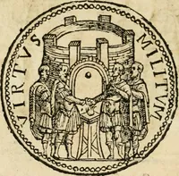 An illustration from Ritratto di Roma antica : nel qvale sono figvrati i principali tempij, theatri, anfiteatri, cerchi, naumachie, archi trionfali, curie, basiliche, colonne, ordine del trionfo, dignita militari, e ciuili, riti cerimonie, & altre cose notabili : aggiuntoui di nuouo le vite, & effigie de' primi rè di essa, e le grandezze dell'Imperio Romano, con l'esplicationi istoriche de' piu celebri antiquarij (1654)
