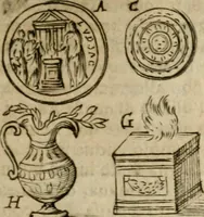 An illustration from Ritratto di Roma antica : nel qvale sono figvrati i principali tempij, theatri, anfiteatri, cerchi, naumachie, archi trionfali, curie, basiliche, colonne, ordine del trionfo, dignita militari, e ciuili, riti cerimonie, & altre cose notabili : aggiuntoui di nuouo le vite, & effigie de' primi rè di essa, e le grandezze dell'Imperio Romano, con l'esplicationi istoriche de' piu celebri antiquarij (1654)