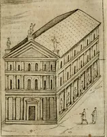 An illustration from Ritratto di Roma antica : nel qvale sono figvrati i principali tempij, theatri, anfiteatri, cerchi, naumachie, archi trionfali, curie, basiliche, colonne, ordine del trionfo, dignita militari, e ciuili, riti cerimonie, & altre cose notabili : aggiuntoui di nuouo le vite, & effigie de' primi rè di essa, e le grandezze dell'Imperio Romano, con l'esplicationi istoriche de' piu celebri antiquarij (1654)