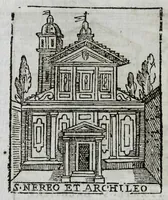 An illustration from Roma antica e moderna : nella quale si contengono chiese, monasterij, hospedali, compagnie, collegij, e seminarij, tempij, teatri, anfiteatri, naumachie, cerchi, fori, curie, palazzi, e statue, librerie, musei, pitture, scolture, & i nomi de gli artefici : indice de' sommi pontefici, imperatori, e duchi : con vna copiosissima tauola, & altre nuoue aggiunte (1653)