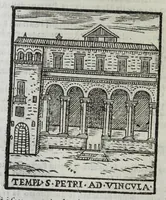 An illustration from Roma antica e moderna : nella quale si contengono chiese, monasterij, hospedali, compagnie, collegij, e seminarij, tempij, teatri, anfiteatri, naumachie, cerchi, fori, curie, palazzi, e statue, librerie, musei, pitture, scolture, & i nomi de gli artefici : indice de' sommi pontefici, imperatori, e duchi : con vna copiosissima tauola, & altre nuoue aggiunte (1653)