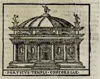 An illustration from Roma antica e moderna : nella quale si contengono chiese, monasterij, hospedali, compagnie, collegij, e seminarij, tempij, teatri, anfiteatri, naumachie, cerchi, fori, curie, palazzi, e statue, librerie, musei, pitture, scolture, & i nomi de gli artefici : indice de' sommi pontefici, imperatori, e duchi : con vna copiosissima tauola, & altre nuoue aggiunte (1653)