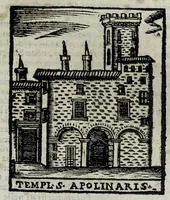 An illustration from Roma antica e moderna : nella quale si contengono chiese, monasterij, hospedali, compagnie, collegij e seminarij : tempij, teatri, anfiteatri, naumachie, cerchi, fori, curie, palazzi e statue : librarie, musei, pitture, scolture, & i nomi de gli artifici : indice de' sommi pontefici, imperatori, rè, e duchi : con vna copiosissima tauola, e aggiunta di tutte le cose notabili fatte sino al presente (1677)
