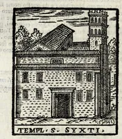 An illustration from Roma antica e moderna : nella quale si contengono chiese, monasterij, hospedali, compagnie, collegij e seminarij : tempij, teatri, anfiteatri, naumachie, cerchi, fori, curie, palazzi e statue : librarie, musei, pitture, scolture, & i nomi de gli artifici : indice de' sommi pontefici, imperatori, rè, e duchi : con vna copiosissima tauola, e aggiunta di tutte le cose notabili fatte sino al presente (1677)