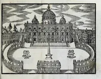 An illustration from Roma antica e moderna : nella quale si contengono chiese, monasterij, hospedali, compagnie, collegij e seminarij : tempij, teatri, anfiteatri, naumachie, cerchi, fori, curie, palazzi e statue : librarie, musei, pitture, scolture, & i nomi de gli artifici : indice de' sommi pontefici, imperatori, rè, e duchi : con vna copiosissima tauola, e aggiunta di tutte le cose notabili fatte sino al presente (1677)
